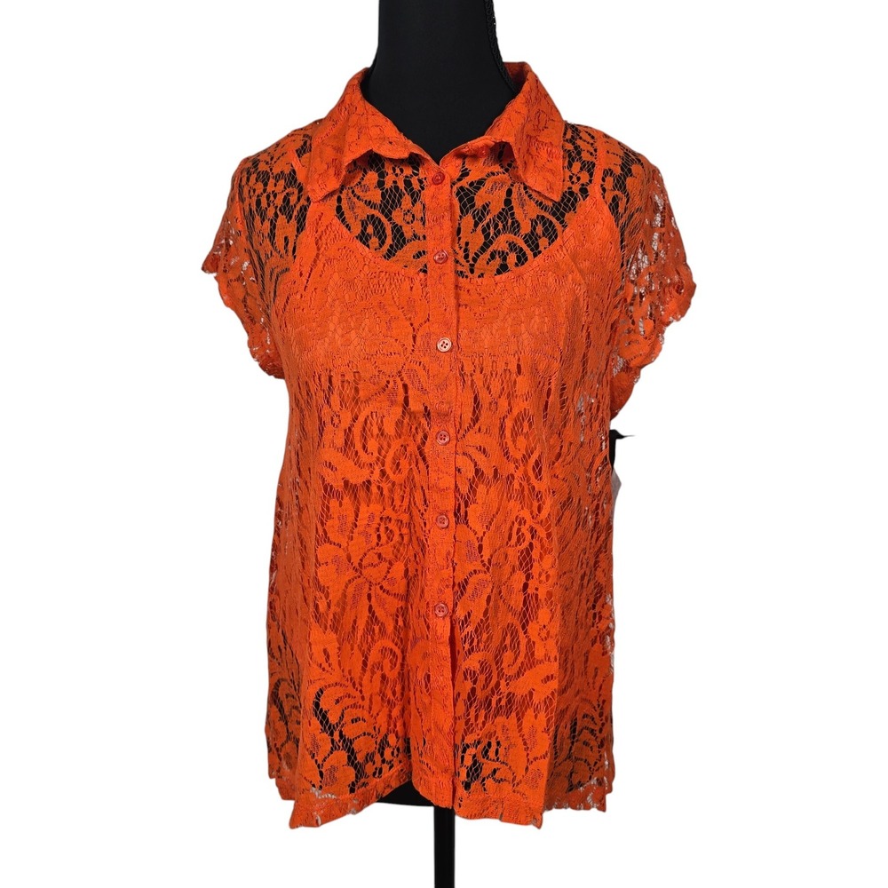 Skye's the Limit Orange Floral Lace Button Down Shirt Woman Medium Lined‎ NEW